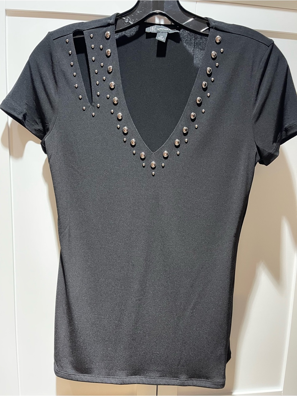 INC International Concepts Black Short-Sleeve V-Neck Top with Stud Embellishment